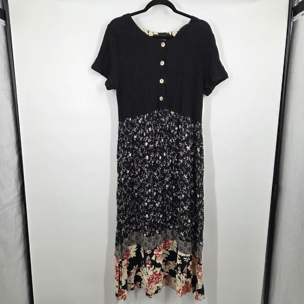 VTG Carole Little Dress L? Dress Short Sleeve Floral Black Cottage Witchy Whimsy
